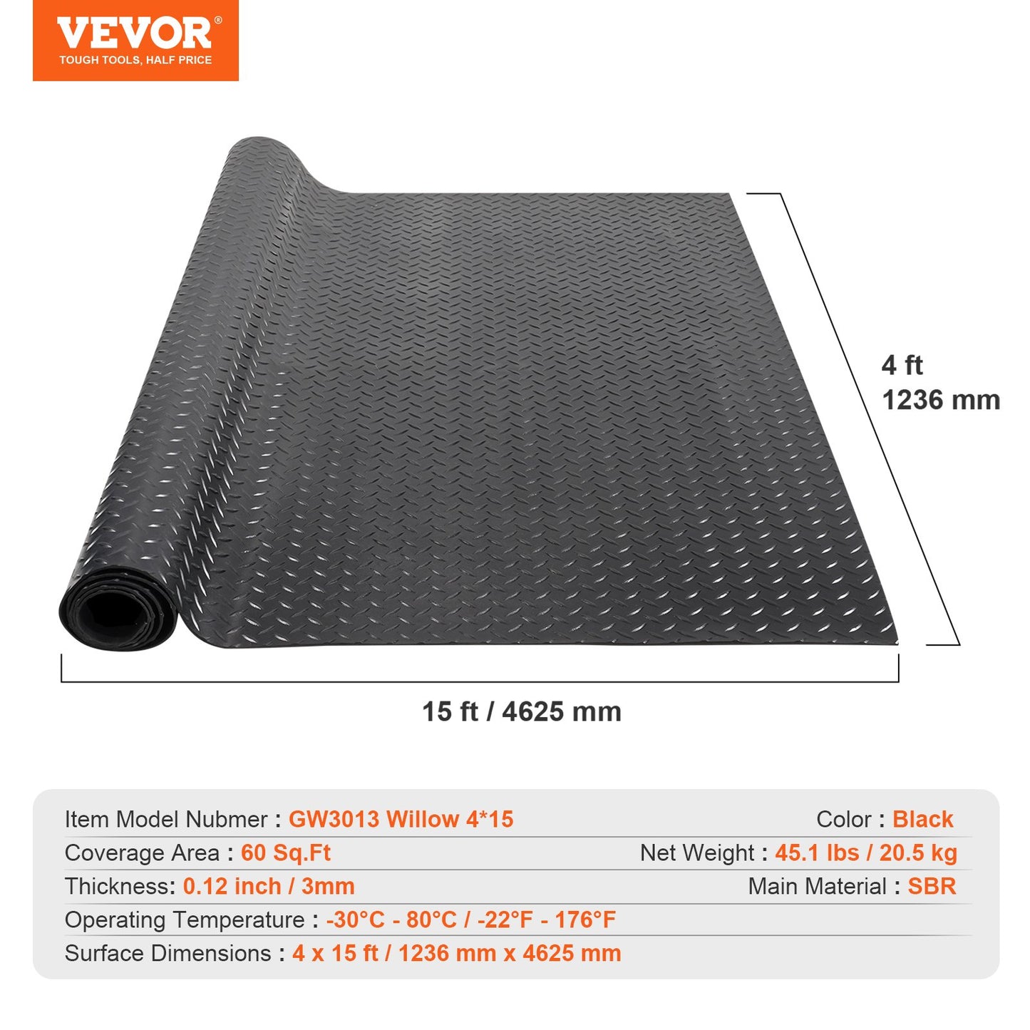 Diamond-Plate Rubber Flooring Roll, 3 mm x 4 ft x 15 ft Garage Floor Mat, SBR Rubber Garage Flooring Roll, Easy to Clean, Diamond Plate Rubber Mat for Under Cars, Garage Industry Gym, Black