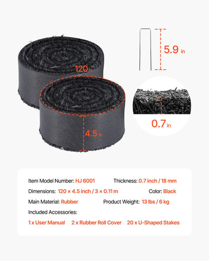 Rubber Mulch for Landscaping, 2 Rolls Recycled Rubber Mulch Mat 120 x 4.5 in, Permanent Rubber Pathway, Natural-Looking Black Mulch Garden Edging for Plants, Vegetables & Flower Garden Barrier
