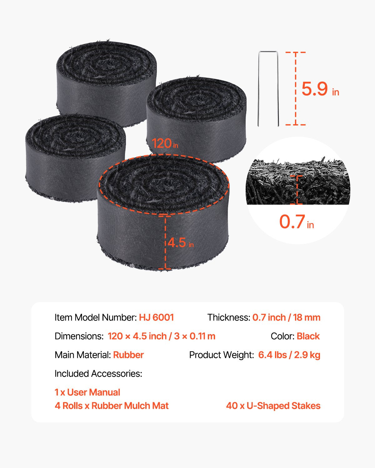 Gummitäckning för landskapsarkitektur, 4 rullar återvunnen gummitäckningsmatta 120 x 4,5 tum, permanent gummigång, naturlig svart täckning för trädgårdskanter för växter, grönsaker och blomsterträdgårdsbarriär