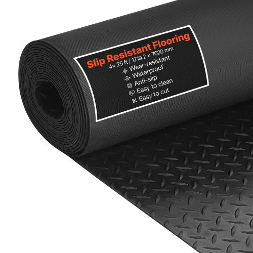 Garage Floor Roll, 1.22 x 7.62 m Garage Flooring Mat, 3 mm Thickened Rubber Diamond Plate Floor Protector Mat, Non-Slip, Wear-resist Waterproof, Easy to Clean for Warehouse, Gyms, Trailer, Black