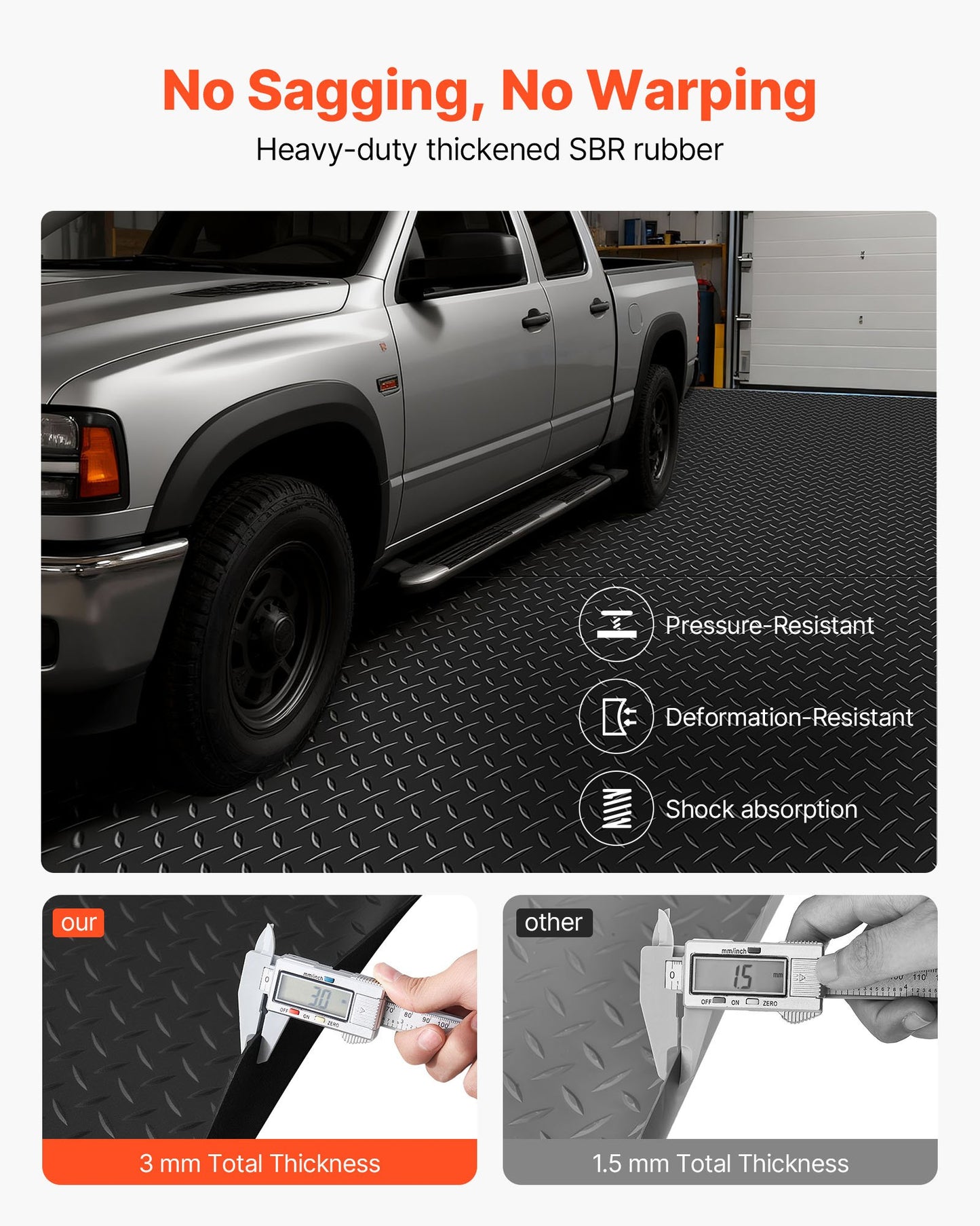 Garage Floor Roll, 1.22 x 7.62 m Garage Flooring Mat, 3 mm Thickened Rubber Diamond Plate Floor Protector Mat, Non-Slip, Wear-resist Waterproof, Easy to Clean for Warehouse, Gyms, Trailer, Black