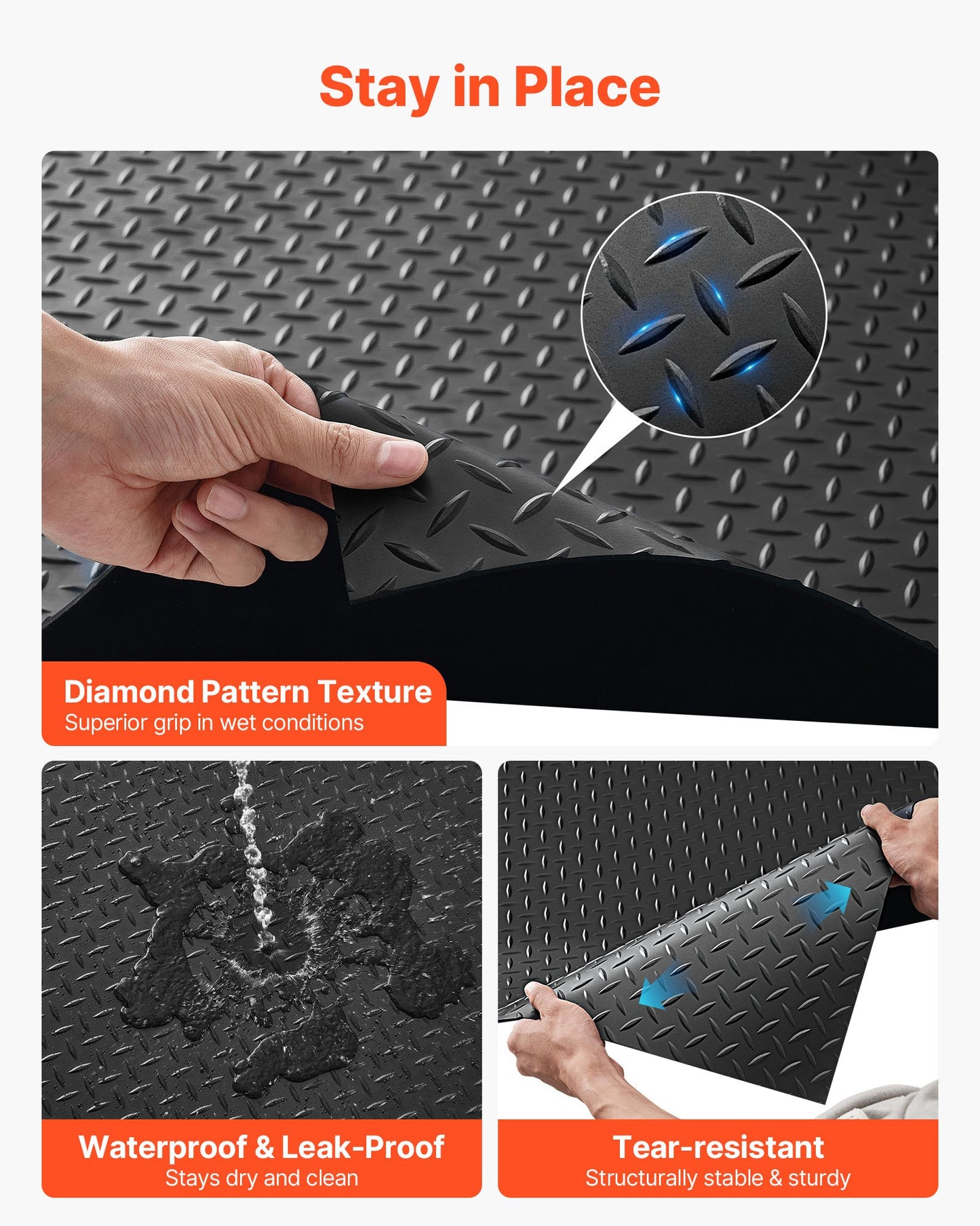 Garage Floor Roll, 1.22 x 7.62 m Garage Flooring Mat, 3 mm Thickened Rubber Diamond Plate Floor Protector Mat, Non-Slip, Wear-resist Waterproof, Easy to Clean for Warehouse, Gyms, Trailer, Black