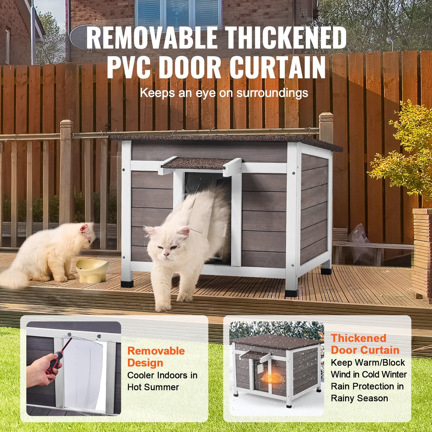 Väderbeständigt katthus för utomhusbruk, skydd för vilda katter, trähus för utomhusbruk för katt och kanin med fönster, öppet tak och PVC-dörrflikar, 61 cm L x 53 cm B x 46 cm H