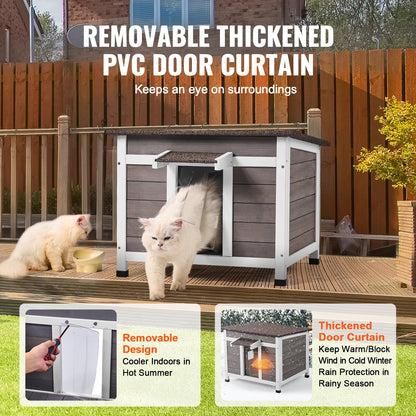 Väderbeständigt katthus för utomhusbruk, skydd för vilda katter, trähus för utomhusbruk för katt och kanin med fönster, öppet tak och PVC-dörrflikar, 61 cm L x 53 cm B x 46 cm H