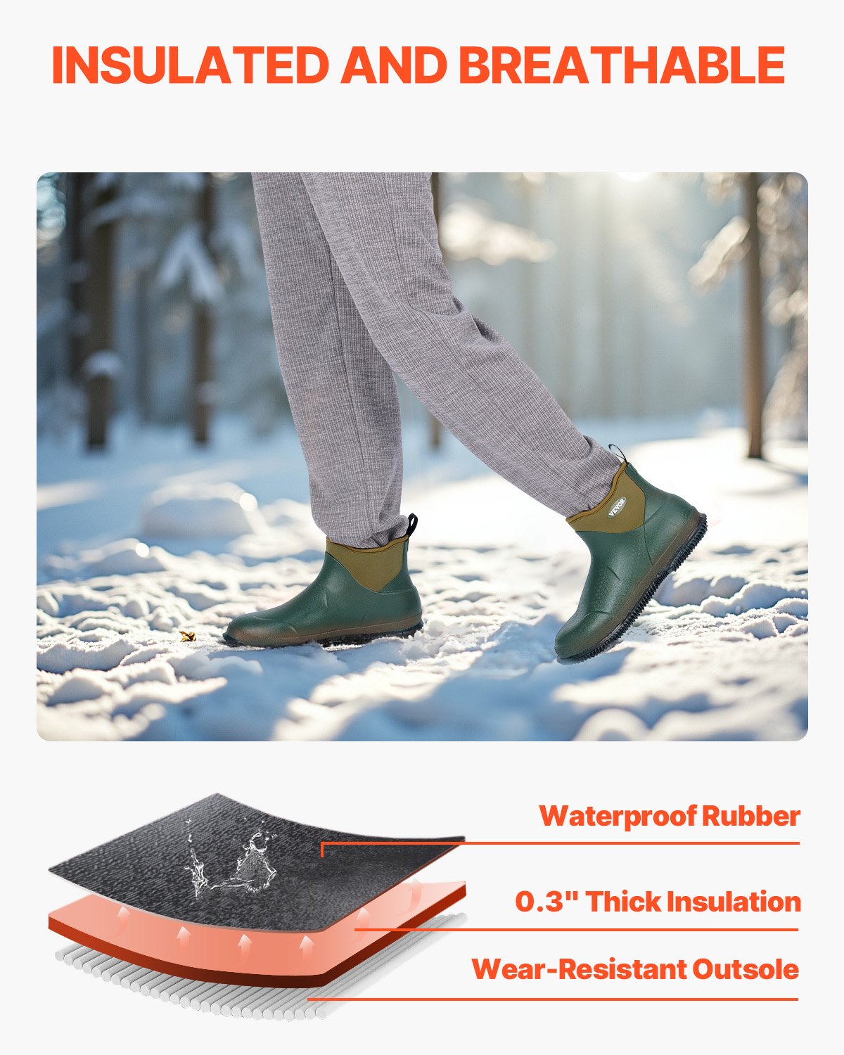 Women's Deck Boots, Waterproof Fishing Rain Boots, Anti-Slip Ankle Rubber Boots, Gardening Insulated Mud Boots, Neoprene Rubber, Lightweight & Durable, for Manufacturing, Farming, Size 9 US