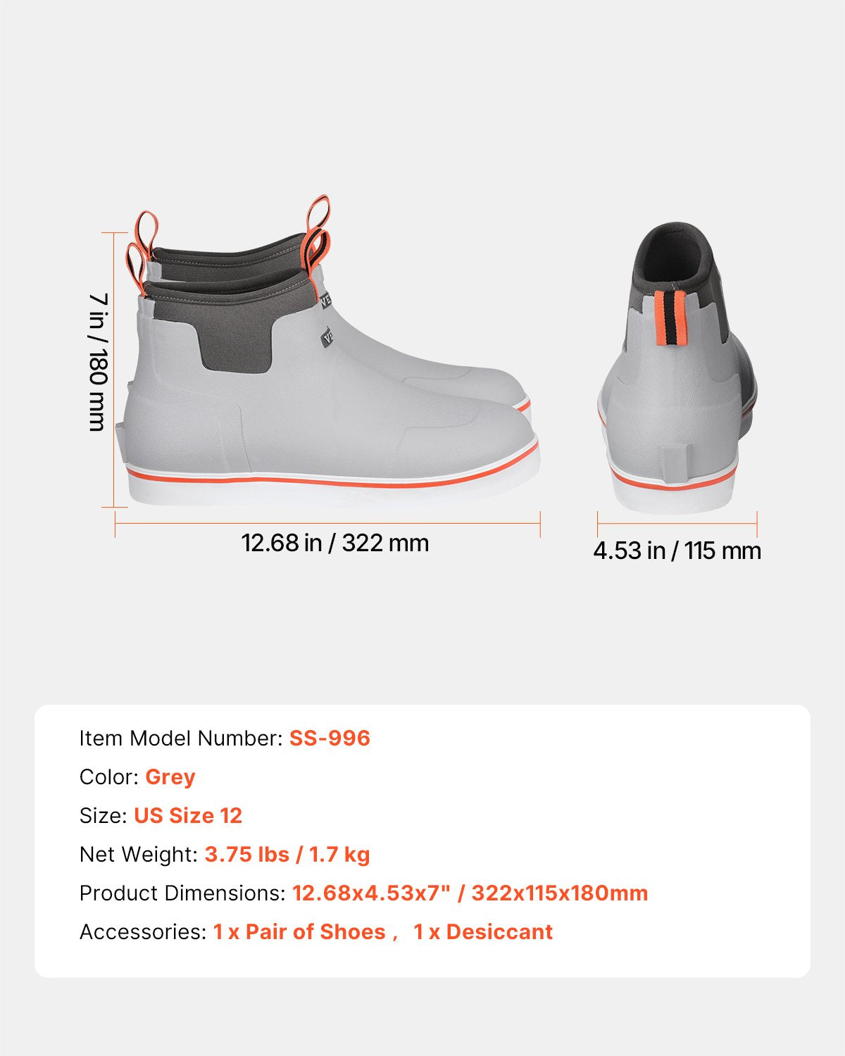 Men's Deck Boots, Waterproof Fishing Rain Boots, Anti-Slip Ankle Rubber Outdoor Work Shoes, Gardening Insulated Mud Boots Footwear, Lightweight & Durable, for Manufacturing, Farming, Size 12 US