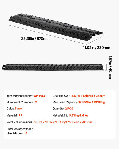Drop Over Cable Cover, 7,938 kg/Axle Load Capacity, Heavy Duty Cable Hose Protector Ramp, Floor Cord Cover, for High Walking Traffic Areas, Indoor, Outdoor, Home, Office, Warehouse, 2 Pack