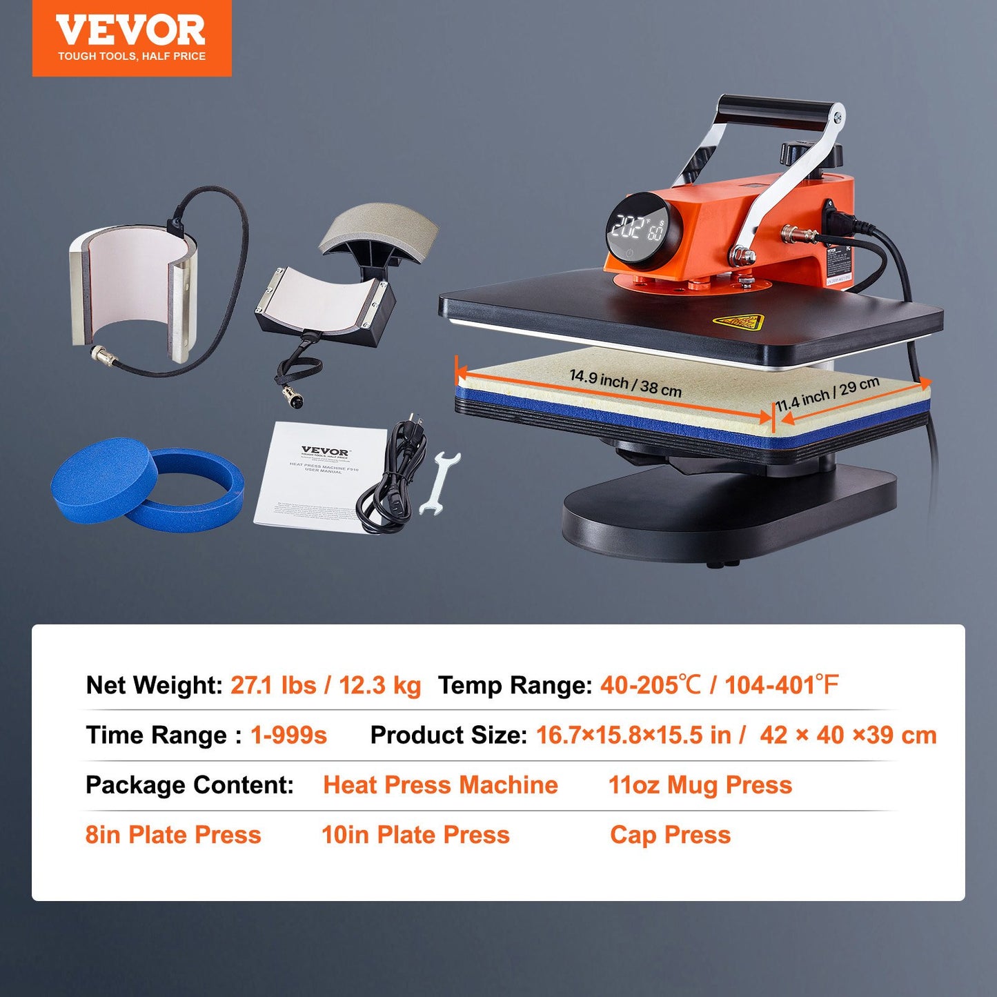 Heat Press Machine 12x15in/30.5x38.1 cm 5in1 Sublimation Transfer T-shirt Plate Mug Cup