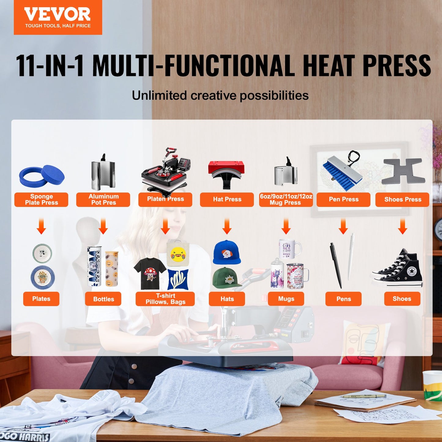 Heat Press Machine Sublimation Machine 15 x 12 Inch/38.1 x 30.5 cm 11 In 1 Kit Heat Press