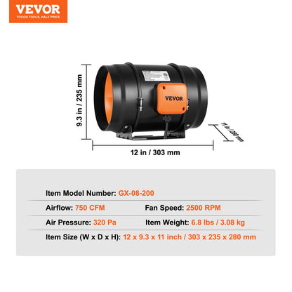 Inline-kanalfläkt, 203,2 mm 506,2 CFM med variabel hastighetsregulator, tyst AC-motorventilationsfläkt för kylförstärkare, odlingstält, hydroponik