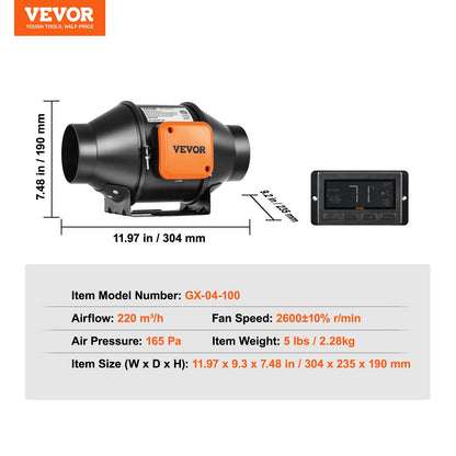 Inline-kanalfläkt, 102 mm 129,7 CFM tyst EC-motorventilationsfläkt, med temperatur- och fuktighetsregulator för kylförstärkare, odlingstält, hydroponik