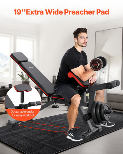 Viktbänk, 360 kg justerbar viktpress för helkroppsträning, sit up-bänk för hemmagym, platt bänk med benförlängning, predikantdyna, snabb justering