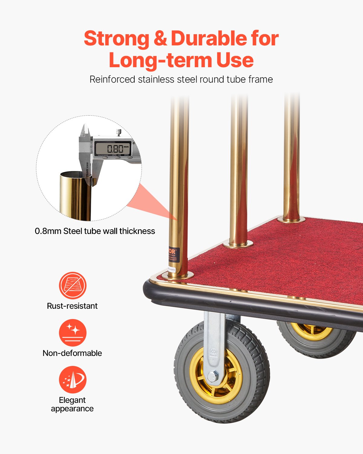Hotellbagagevagn, 1500 kg lastkapacitet, borstad rostfri piccolovagn med böjda upprättstående ställningar, betjänad vagn med röd matta och 8-tums gummihjul, idealisk för hotell, lägenheter, resorts