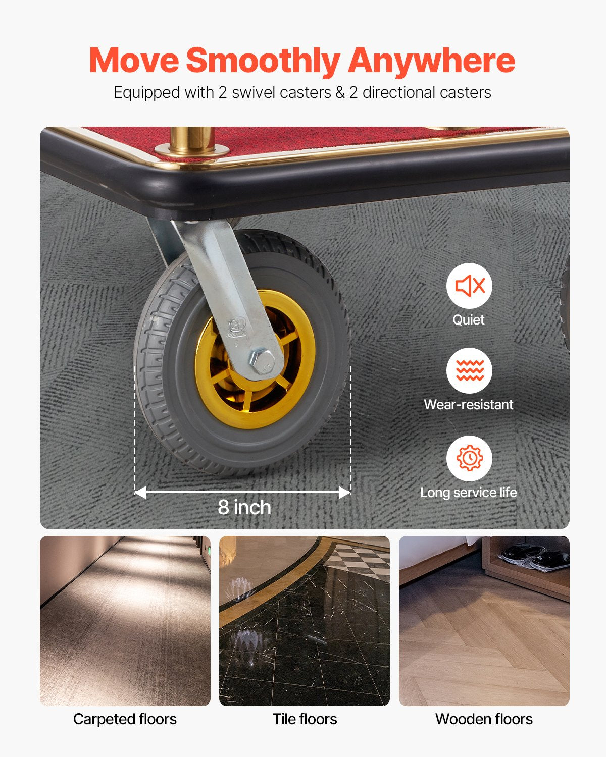 Hotellbagagevagn, 1500 kg lastkapacitet, borstad rostfri piccolovagn med böjda upprättstående ställningar, betjänad vagn med röd matta och 8-tums gummihjul, idealisk för hotell, lägenheter, resorts