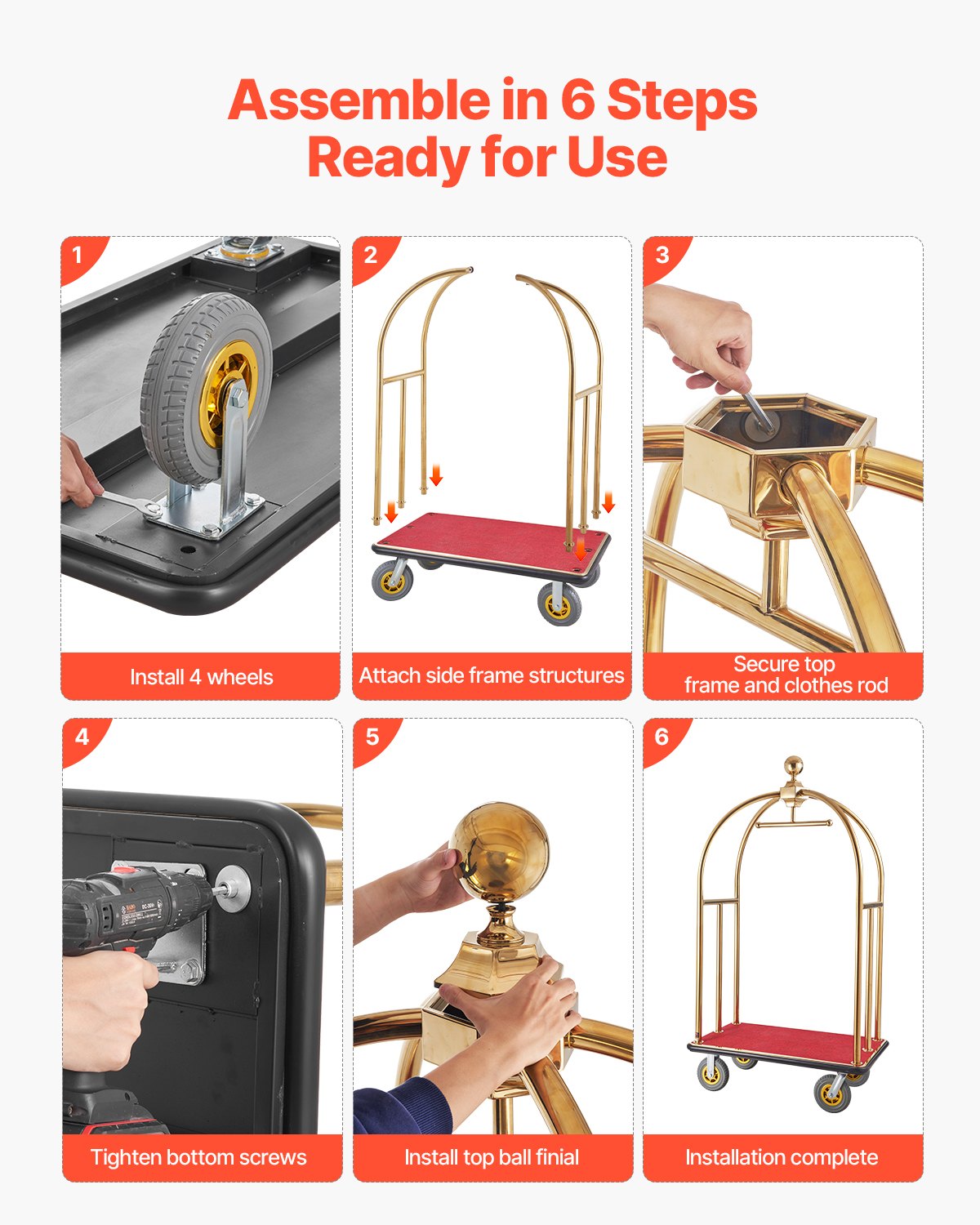 Hotellbagagevagn, 1500 kg lastkapacitet, borstad rostfri piccolovagn med böjda upprättstående ställningar, betjänad vagn med röd matta och 8-tums gummihjul, idealisk för hotell, lägenheter, resorts