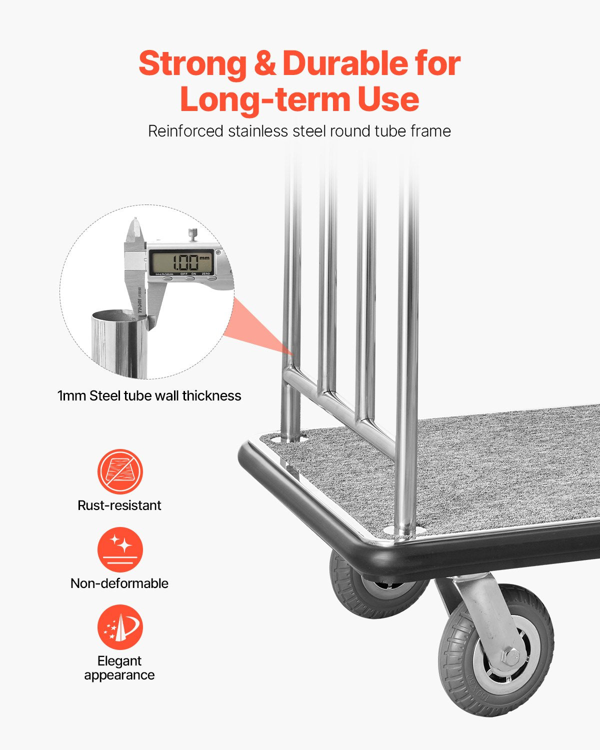 Hotel Luggage Cart, 800 LBS Load Capacity, Brushed Stainless Steel Finish Bellman's Cart, Valet Cart with Grey Carpeted Deck and 6-inch Rubber Wheels, Ideal for Hotels, Condos, Resorts, Silver
