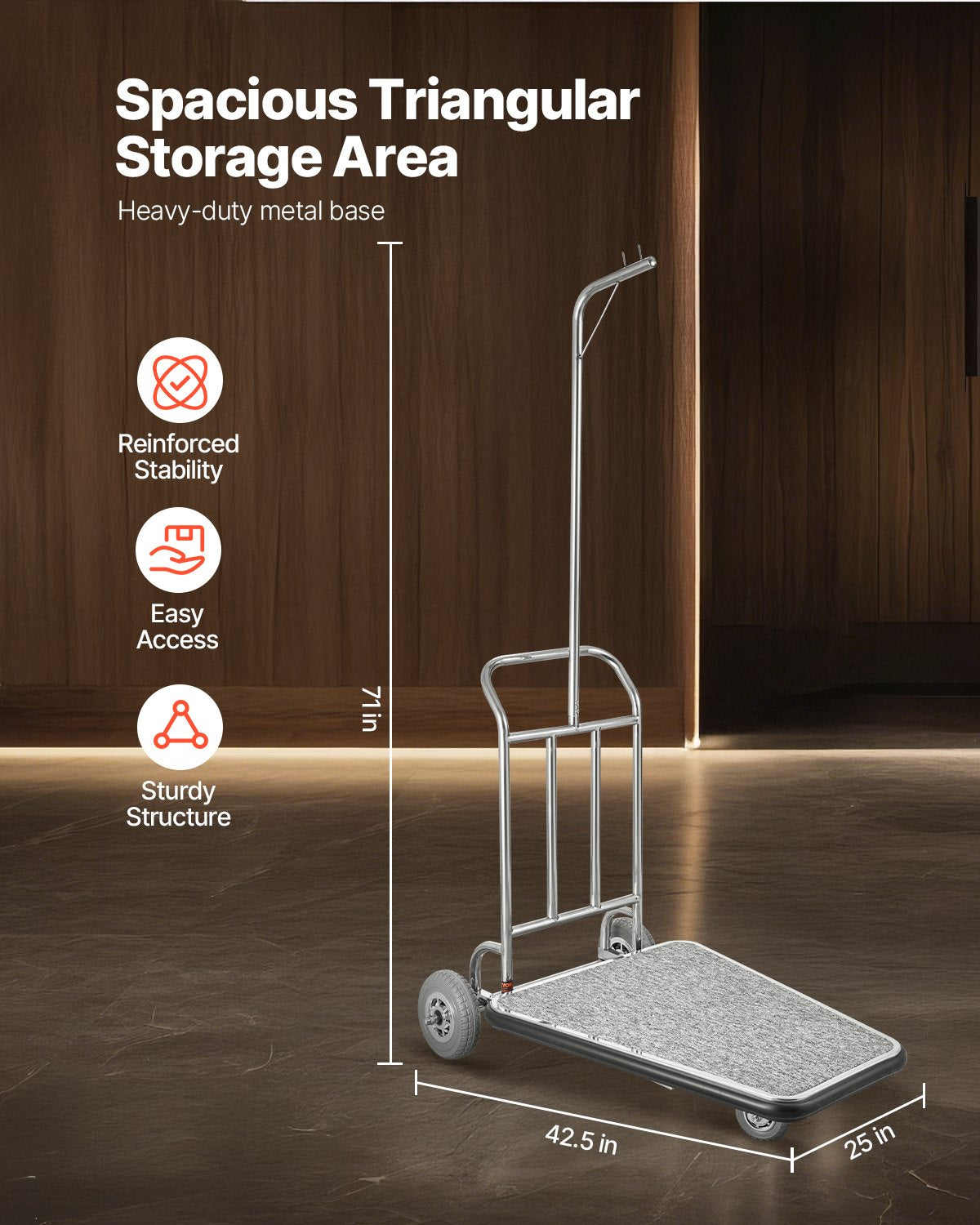 Bagagevagn, 600 kg lastkapacitet, 3-hjulig bellmanvagn i rostfritt stål, betjänad vagn med grått heltäckningsmatta och gummihjul, perfekt för kongresscenter, hotell, uthyrningsfastigheter, silver