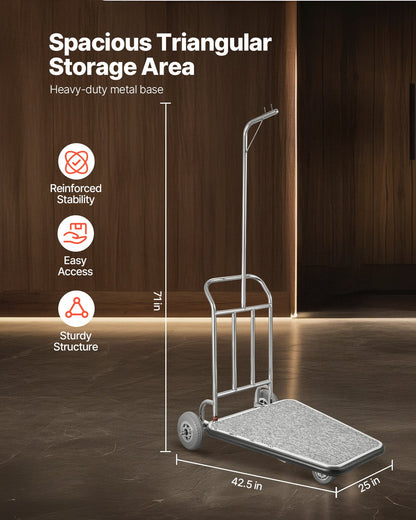 Bagagevagn, 600 kg lastkapacitet, 3-hjulig bellmanvagn i rostfritt stål, betjänad vagn med grått heltäckningsmatta och gummihjul, perfekt för kongresscenter, hotell, uthyrningsfastigheter, silver