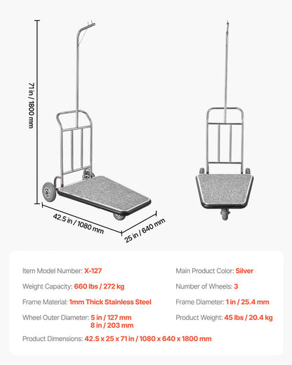 Bagagevagn, 600 kg lastkapacitet, 3-hjulig bellmanvagn i rostfritt stål, betjänad vagn med grått heltäckningsmatta och gummihjul, perfekt för kongresscenter, hotell, uthyrningsfastigheter, silver