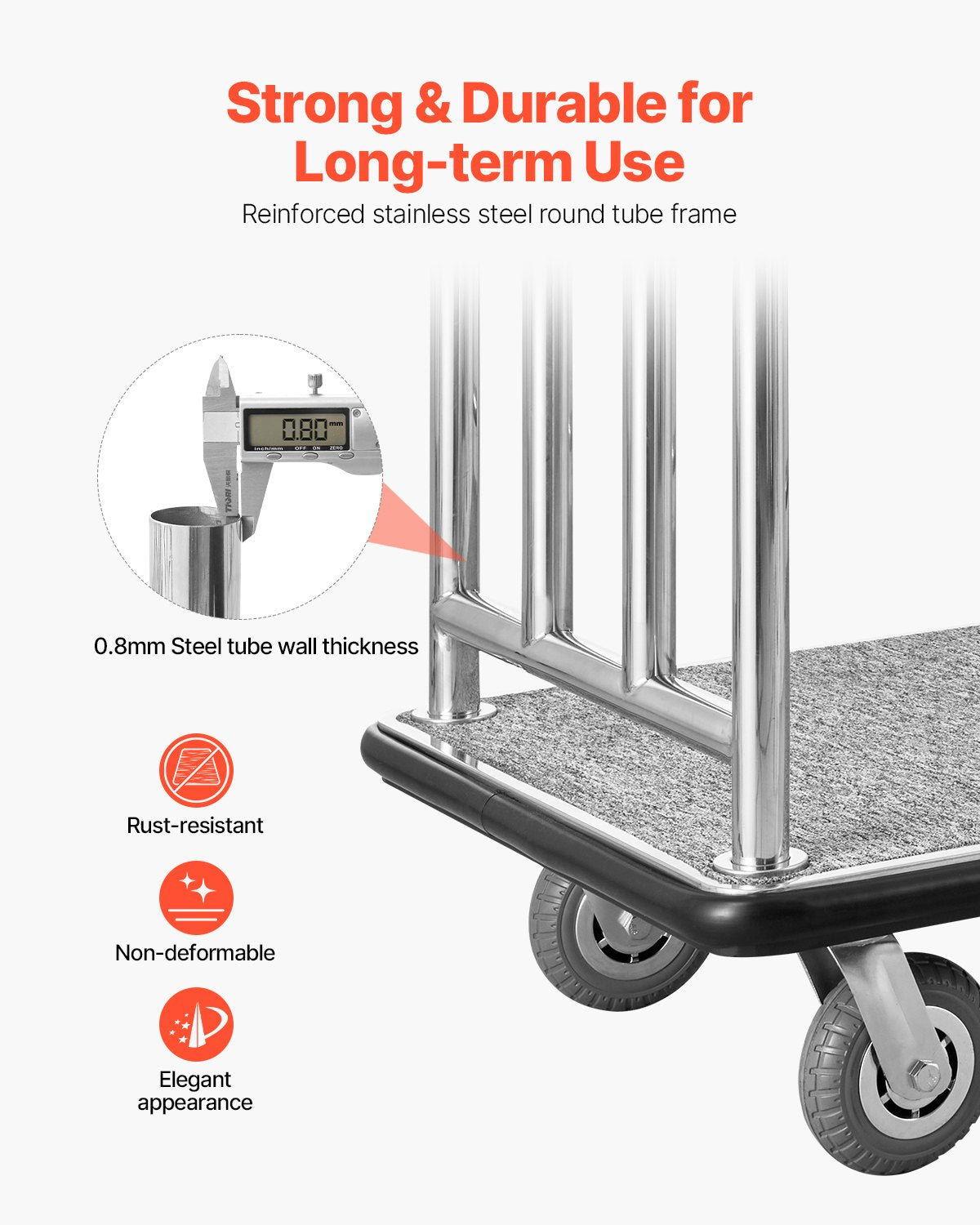 Hotel Luggage Cart, 750 LBS Load Capacity, Deluxe Platform Truck with Removable Front Frame, Valet Cart with Grey Carpeted Deck and 6-inch Rubber Wheels, Ideal for Hotels, Condos, Resorts