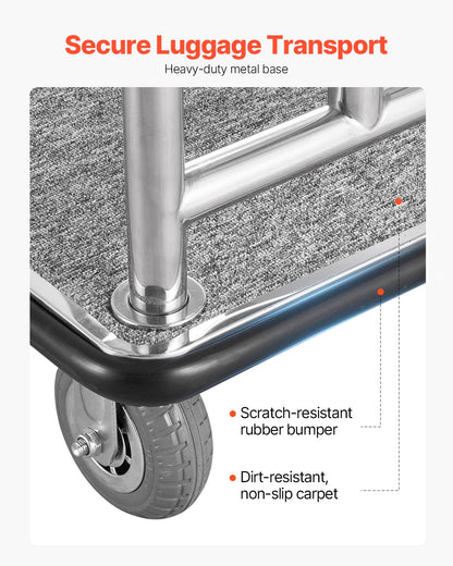 Hotel Luggage Cart, 750 LBS Load Capacity, Deluxe Platform Truck with Removable Front Frame, Valet Cart with Grey Carpeted Deck and 6-inch Rubber Wheels, Ideal for Hotels, Condos, Resorts