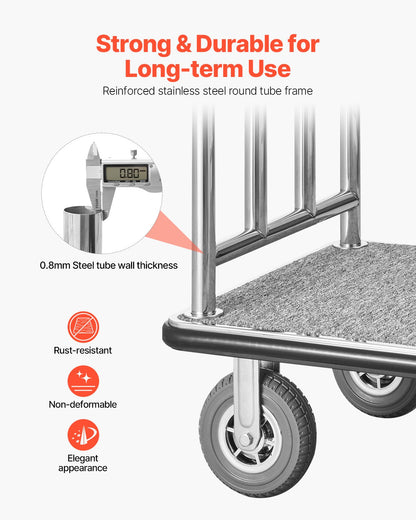 Hotellbagagevagn, 1200 kg lastkapacitet, Bellman's-vagn i borstad rostfri stålfinish, betjänad vagn med grå heltäckningsmatta och 8-tums gummihjul, perfekt för hotell, lägenheter, resorts, silver