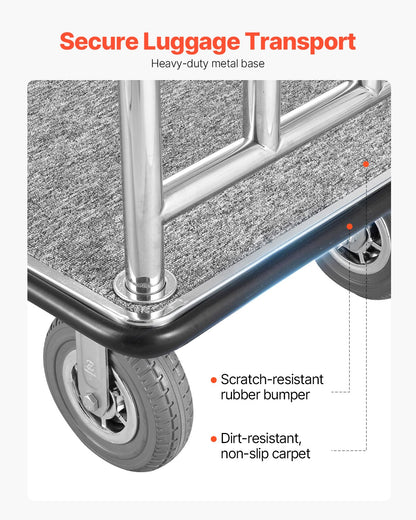 Hotel Luggage Cart, 1200 LBS Load Capacity, Brushed Stainless Steel Finish Bellman's Cart, Valet Cart with Grey Carpeted Deck and 8-inch Rubber Wheels, Ideal for Hotels, Condos, Resorts, Silver