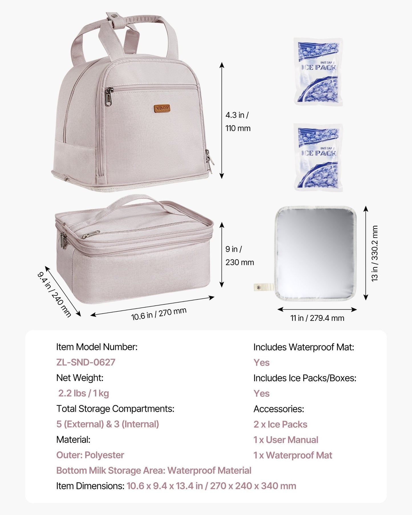 Ryggsäck för bröstpump, amningsväska med ispåse, passar för S1/S2, pumptillbehör och förvaring av bröstmjölk, bärbar pumpväska för arbete, resor och familjebruk, ljusrosa