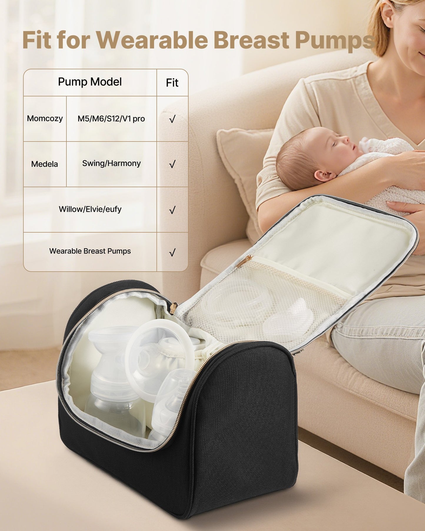 Bärbar bröstpumpväska, amningsväska med vattentät matta, passar M5/M6, pumptillbehör och förvaring av bröstmjölk, bärbar pumpväska för arbete, resor och familjebruk, svart