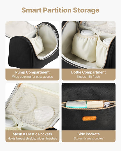 Bärbar bröstpumpväska, amningsväska med vattentät matta, passar M5/M6, pumptillbehör och förvaring av bröstmjölk, bärbar pumpväska för arbete, resor och familjebruk, svart