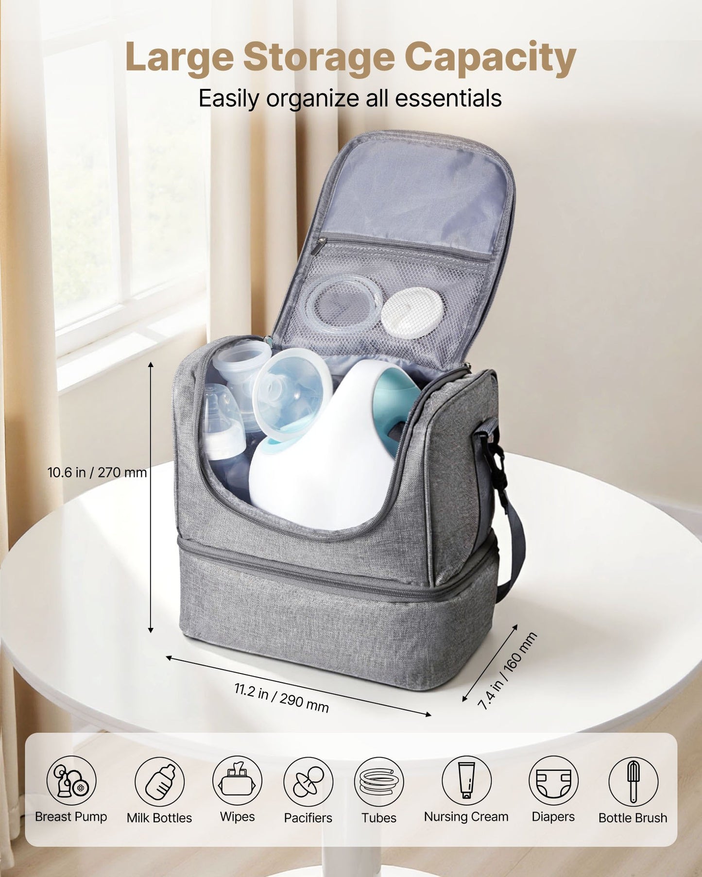 Breast Pump Bag, Breast Feeding Bag with Ice Pack, Fits for S1/S2, Pumping Accessories & Breastmilk Storage, Portable Pump Carrying Case for Work, Travel and Family Use, Grey