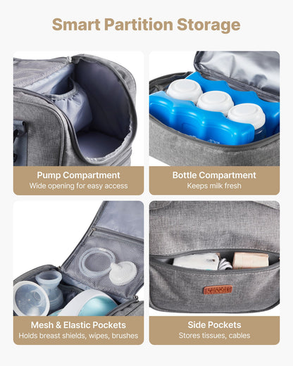 Breast Pump Bag, Breast Feeding Bag with Ice Pack, Fits for S1/S2, Pumping Accessories & Breastmilk Storage, Portable Pump Carrying Case for Work, Travel and Family Use, Grey