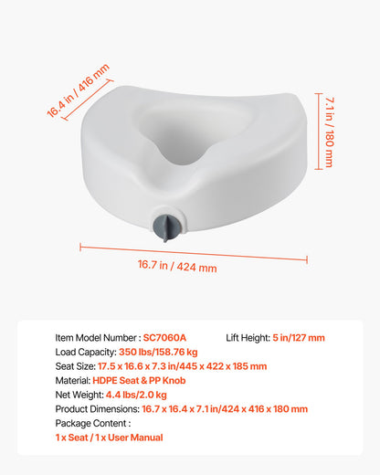 Raised Toilet Seat, 158.8 kg Capacity, 127 mm Lift Height, Commode Elevated Toilet Seat Riser with Enlarged Opening for Seniors, Elderly, Handicap, Disabled, Adults, Fits Elongated & Round Bowl