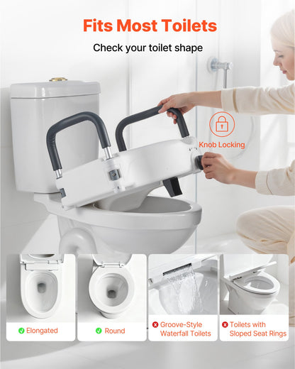 Raised Toilet Seat with Arms, 136.1 kg Load Capacity, 127 mm Lift Height, Widened Commode Elevated Toilet Seat Riser with Padded Handles for Seniors, Elderly, Handicap, Disabled, and Adults Use