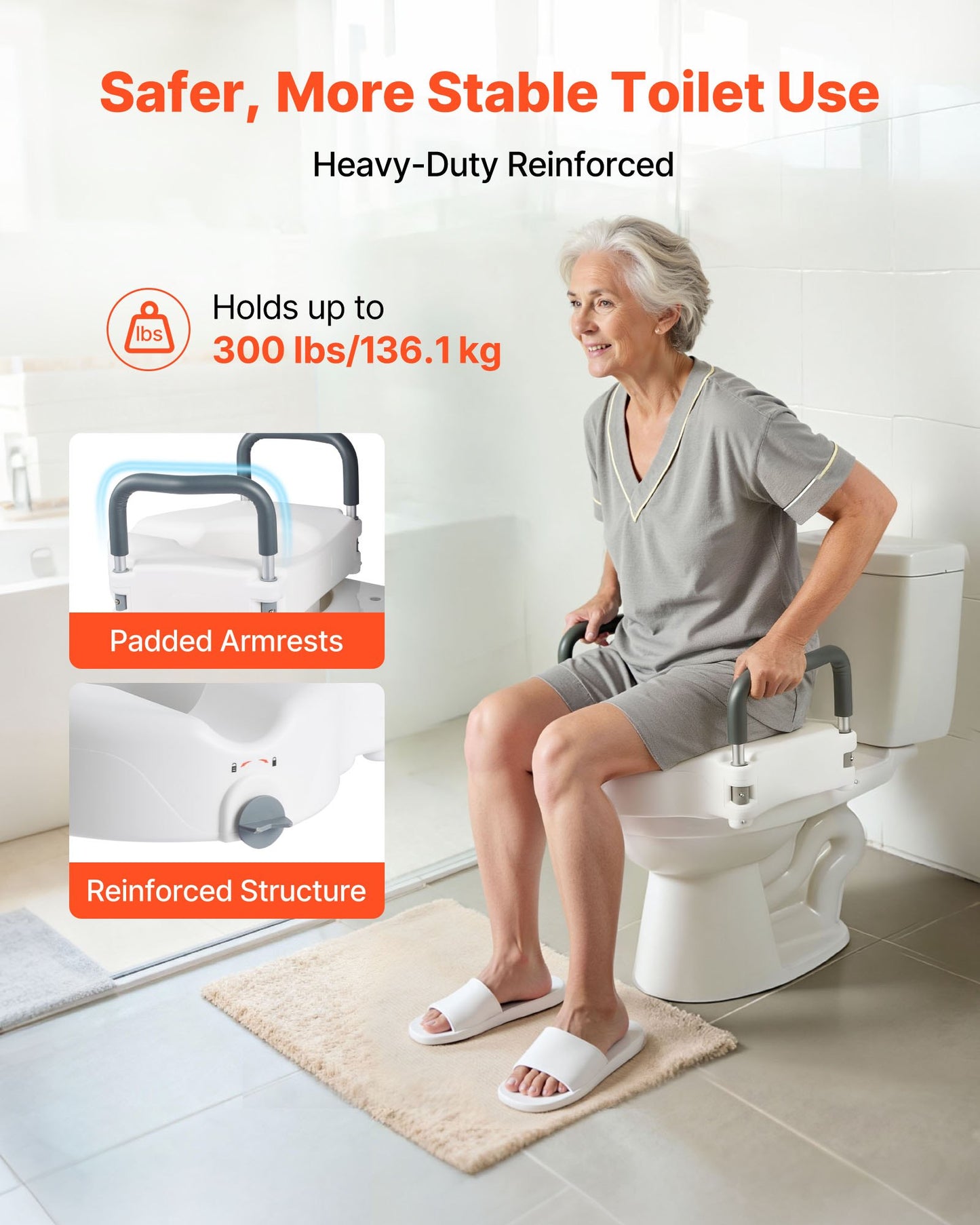 Raised Toilet Seat with Arms, 136.1 kg Load Capacity, 127 mm Lift Height, Widened Commode Elevated Toilet Seat Riser with Padded Handles for Seniors, Elderly, Handicap, Disabled, and Adults Use