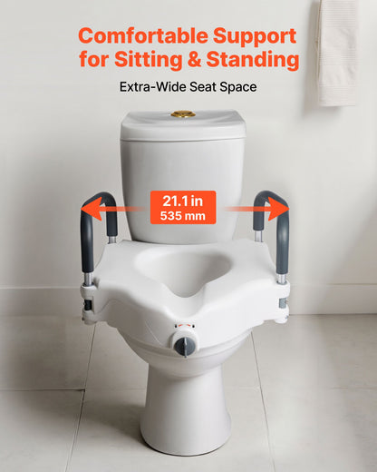 Raised Toilet Seat with Arms, 136.1 kg Load Capacity, 127 mm Lift Height, Widened Commode Elevated Toilet Seat Riser with Padded Handles for Seniors, Elderly, Handicap, Disabled, and Adults Use