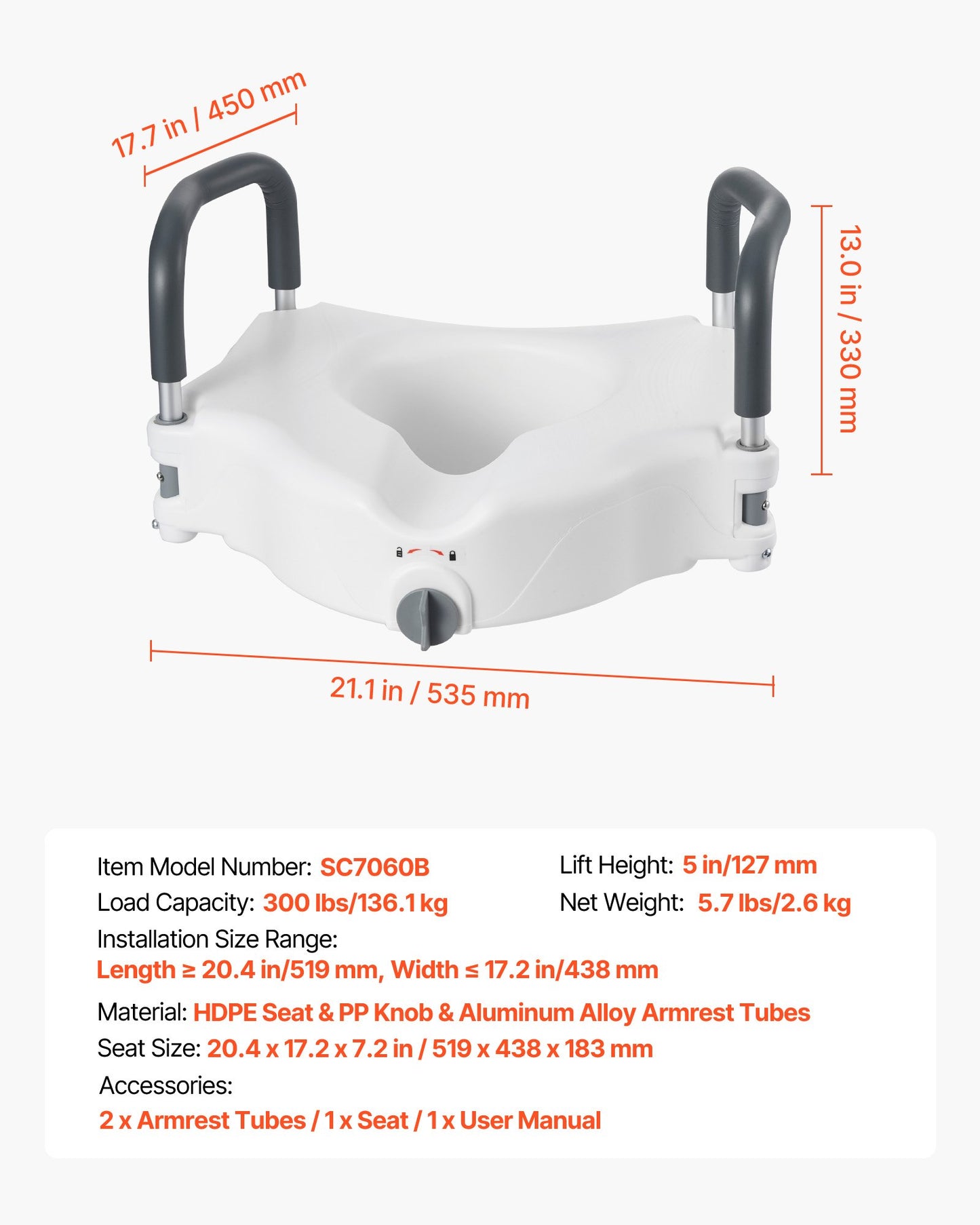 Raised Toilet Seat with Arms, 136.1 kg Load Capacity, 127 mm Lift Height, Widened Commode Elevated Toilet Seat Riser with Padded Handles for Seniors, Elderly, Handicap, Disabled, and Adults Use