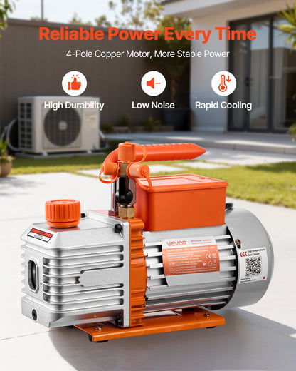 Vacuum Pump, 5 CFM 142 L/min, HVAC Two Stage Rotary Vane AC Vacuum Pump, for R134a R22 R410a Systems, 4 Pole Motor, for Automotive Air Conditioner Maintenance Resin Degassing, Oil Included