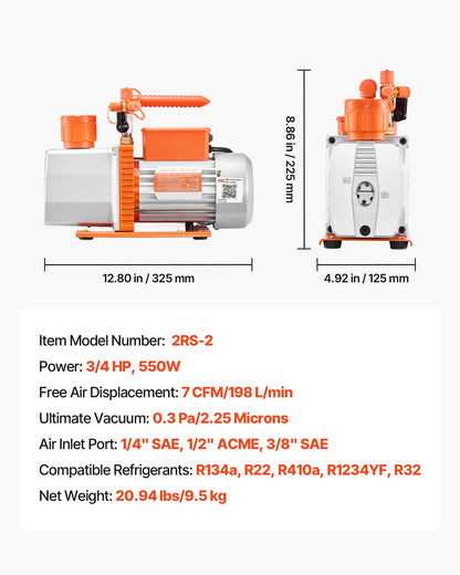Vacuum Pump, 7 CFM 198 L/min, HVAC Two Stage Rotary Vane AC Vacuum Pump, for R134a R22 R410a R1234YF R32, 4 Pole Motor, for Automotive Air Conditioner Maintenance Resin Degassing, Oil Included