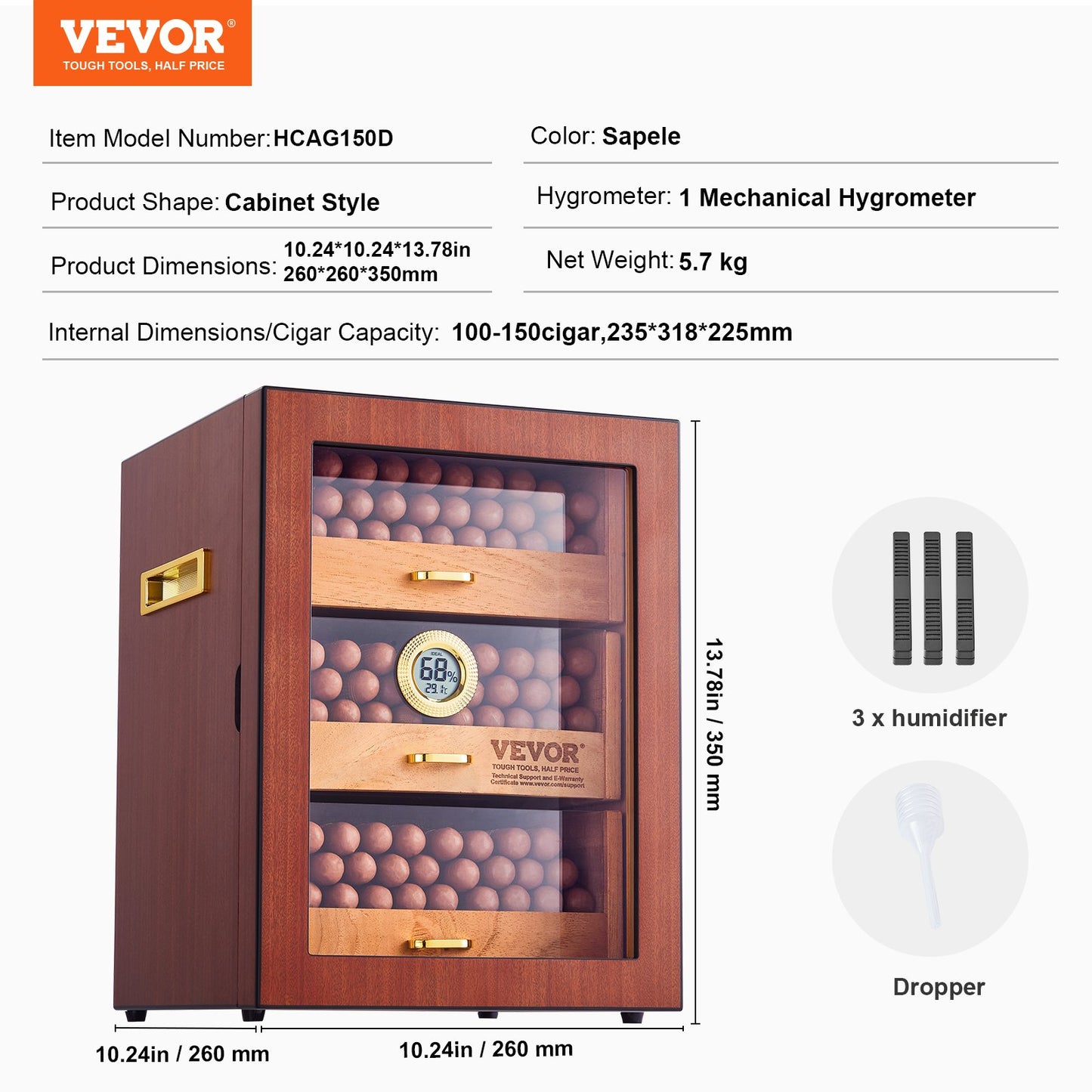 Cigarrhumidorskåp, handgjord cigarrhumidor i spansk cederträ för 100-150 cigarrer, förvaringsfodral för cigarrer i glas med digital luftfuktare, hygrometer, hyllor och handtag, utmärkt present till män