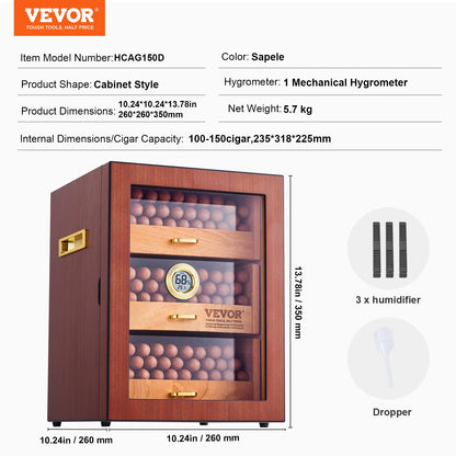 Cigarrhumidorskåp, handgjord cigarrhumidor i spansk cederträ för 100-150 cigarrer, förvaringsfodral för cigarrer i glas med digital luftfuktare, hygrometer, hyllor och handtag, utmärkt present till män