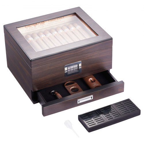 Cigar Humidor, Glass Top Cigar Humidor Box, Handmade Spanish Cedar Wood Cigar Desktop Box, Cigar Storage Case with Humidifier, Hygrometer, Divider and Accessory Drawer, 30-50 Cigars