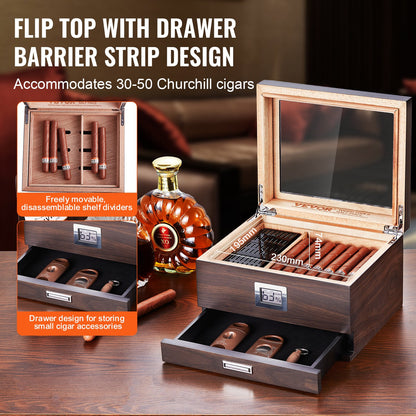 Cigarrhumidor, cigarrhumidorask med glastopp, handgjord cigarrlåda i spanskt cederträ, cigarrförvaringsfodral med luftfuktare, hygrometer, avdelare och tillbehörslåda, 30-50 cigarrer