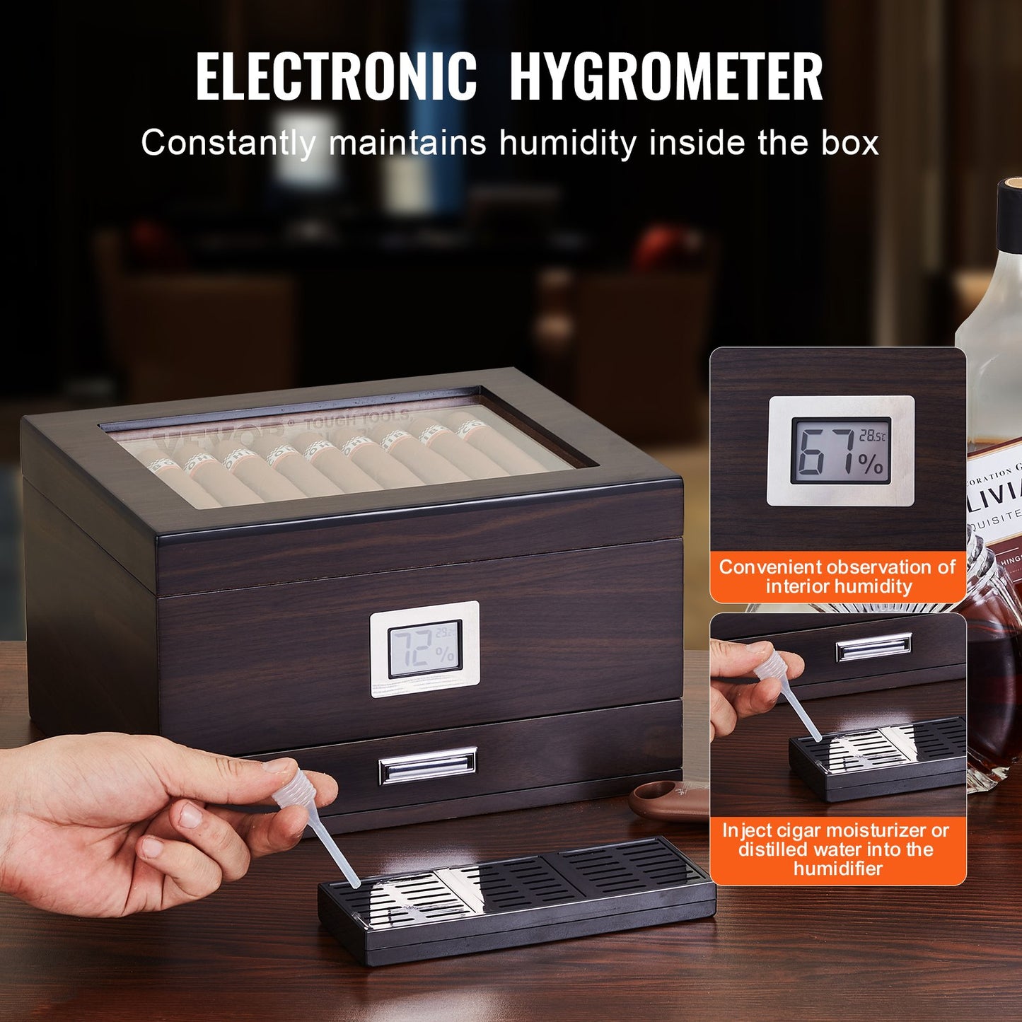 Cigarrhumidor, cigarrhumidorask med glastopp, handgjord cigarrlåda i spanskt cederträ, cigarrförvaringsfodral med luftfuktare, hygrometer, avdelare och tillbehörslåda, 30-50 cigarrer