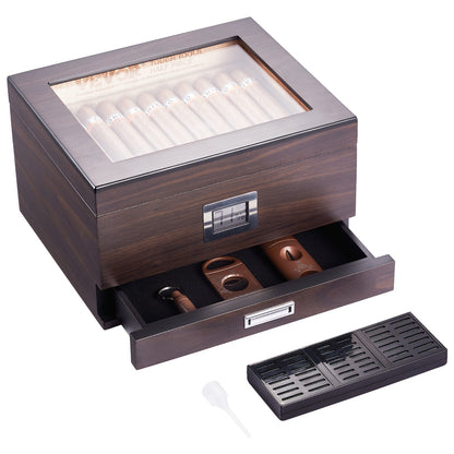 Cigarrhumidor, cigarrhumidorask med glastopp, handgjord cigarrlåda i spanskt cederträ, cigarrförvaringsfodral med luftfuktare, hygrometer, avdelare och tillbehörslåda, 30-50 cigarrer
