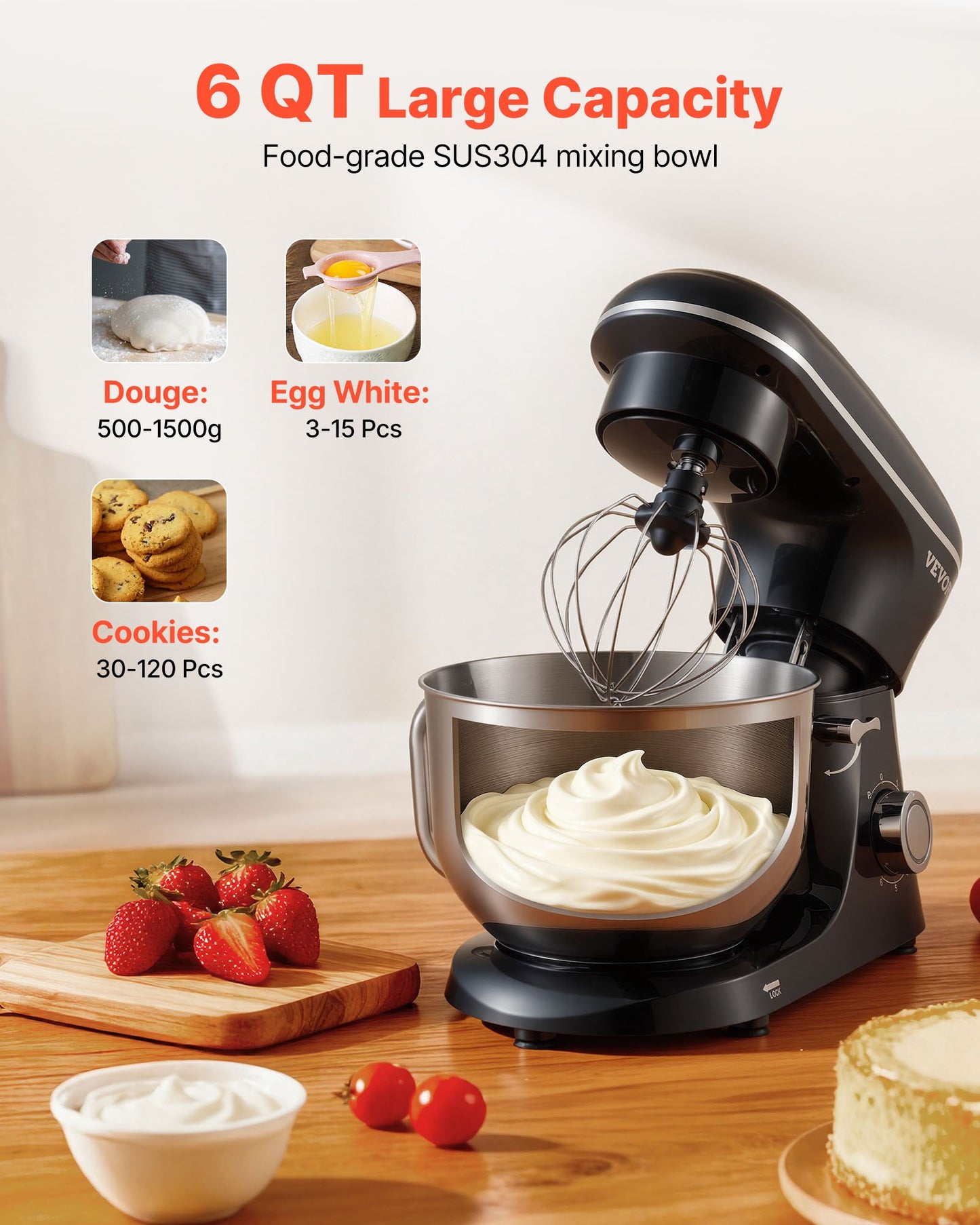 Stand Mixer, 6 QT Dough Mixer, 1400W 6 + P Speeds Tilt-head Food Mixer with Stainless Steel Bowl, Dough Hook, Wire Whip, Flat Beater, Scraper,Household Stand Mixer for Baking, Mixing, Black