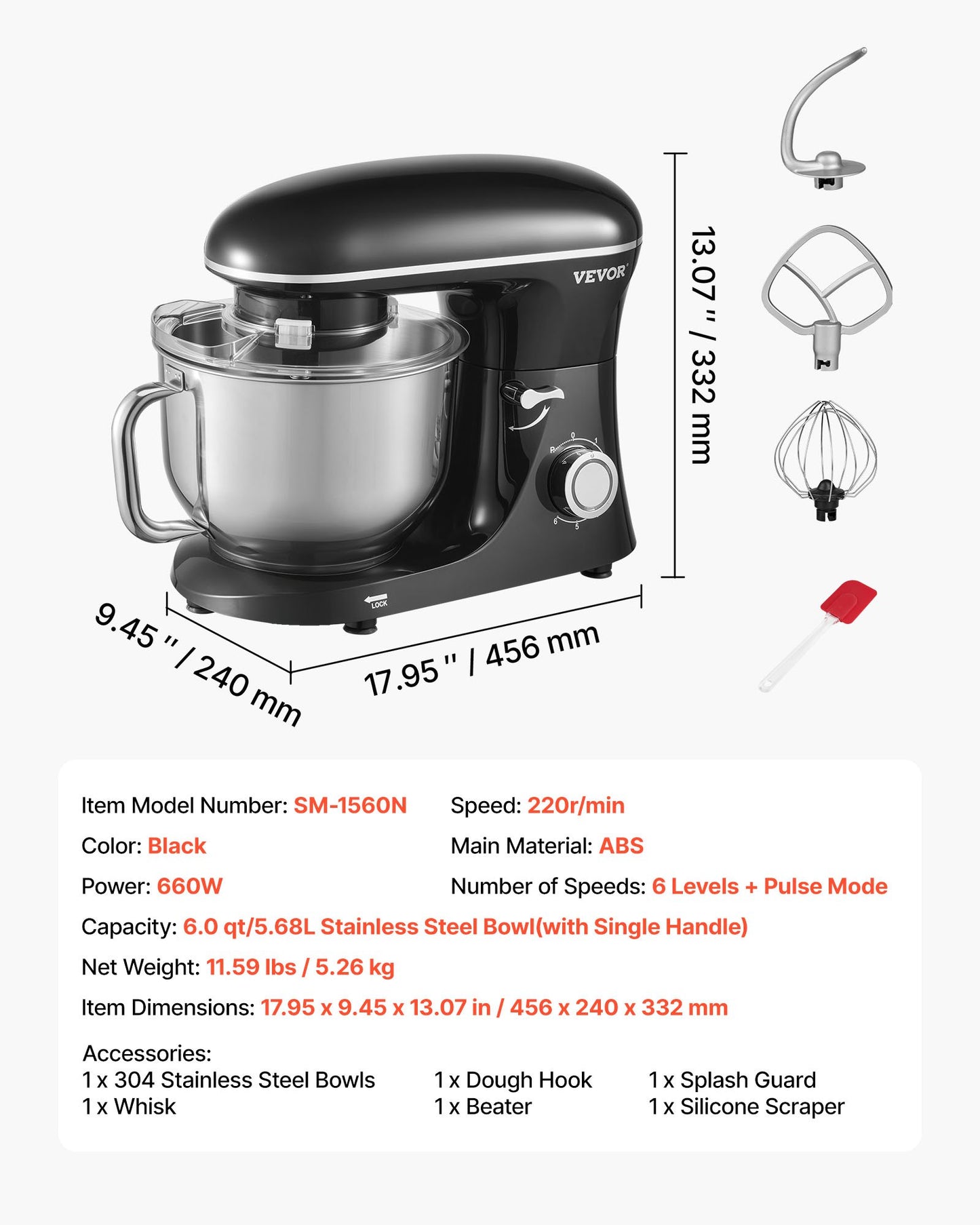 Stand Mixer, 6 QT Dough Mixer, 1400W 6 + P Speeds Tilt-head Food Mixer with Stainless Steel Bowl, Dough Hook, Wire Whip, Flat Beater, Scraper,Household Stand Mixer for Baking, Mixing, Black