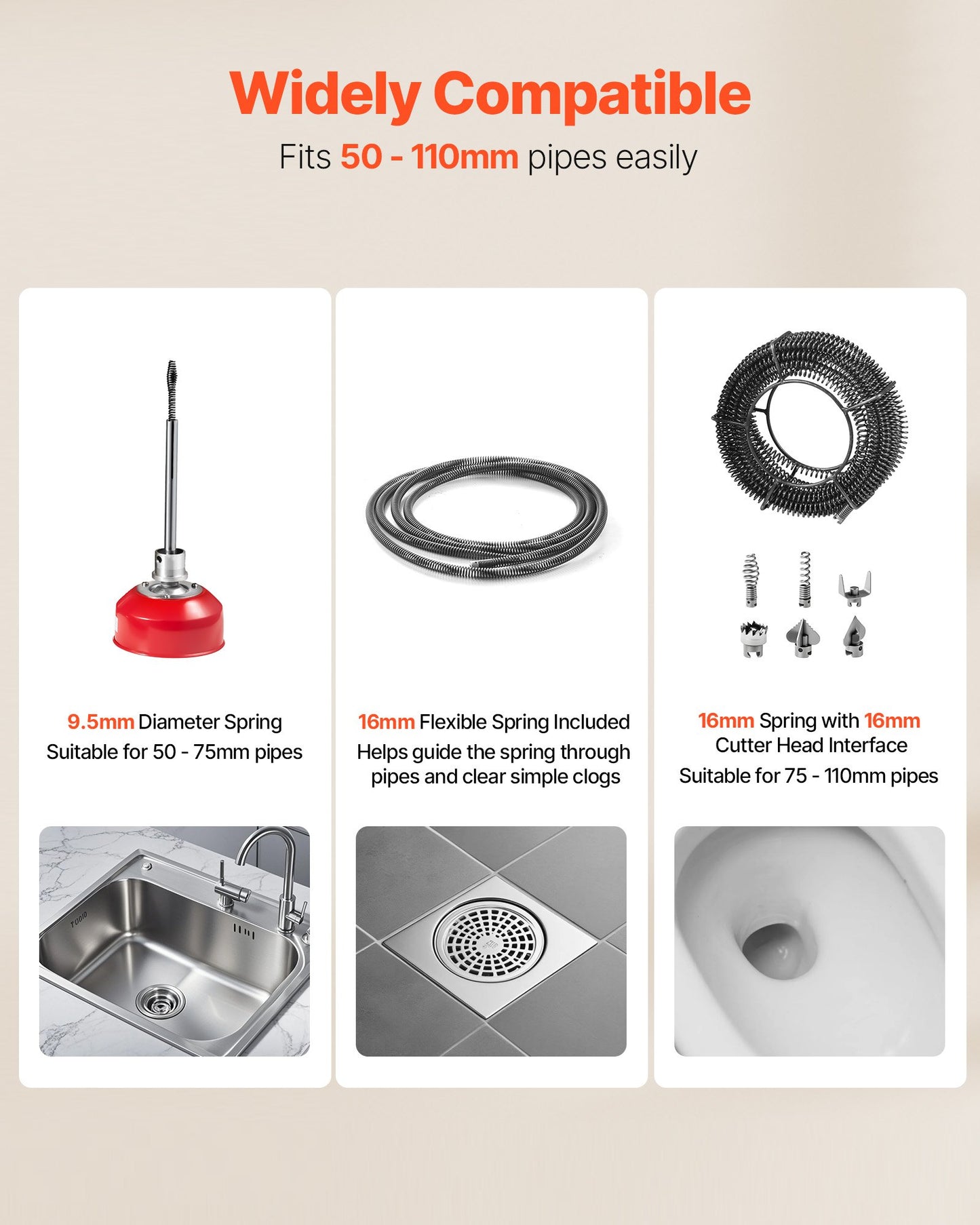 Avloppsrensningsmaskin, 390W 1400 RPM elektrisk rörrensningsmaskin för avlopp med slang med 12m x 16mm, 4.5m x 16mm och 8m x 9.5mm stålfjädervajer och 6 avbitartänger, passar rör med 50-110 mm diameter