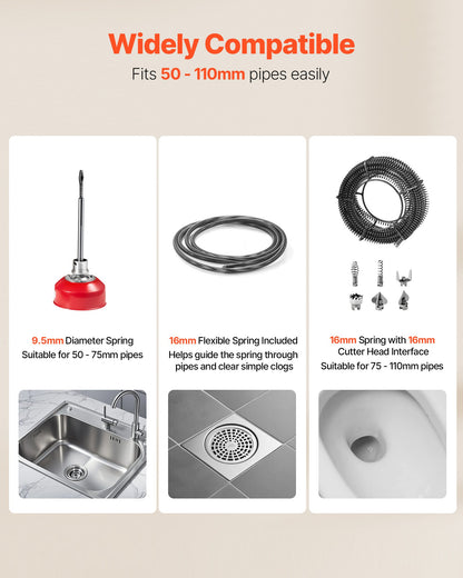 Avloppsrensningsmaskin, 390W 1400 RPM elektrisk rörrensningsmaskin för avlopp med slang med 12m x 16mm, 4.5m x 16mm och 8m x 9.5mm stålfjädervajer och 6 avbitartänger, passar rör med 50-110 mm diameter