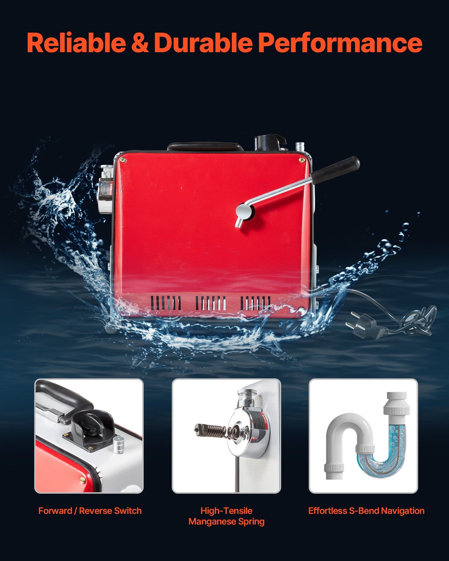 Avloppsrensningsmaskin, 390W 1400 RPM elektrisk rörrensningsmaskin för avlopp med slang med 12m x 16mm, 4.5m x 16mm och 8m x 9.5mm stålfjädervajer och 6 avbitartänger, passar rör med 50-110 mm diameter